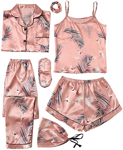SheIn Women's 7pcs Pajama Set Cami Pjs with Shirt and Eye Mask