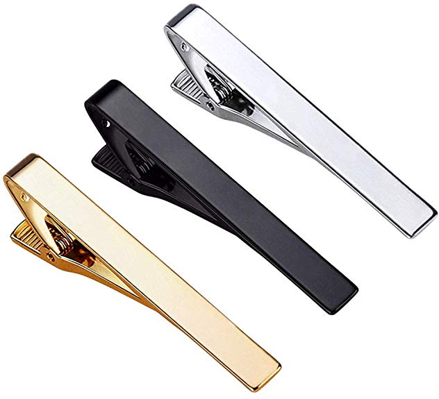 Skinny Tie Bar for Mens, 3 Pack Classic Tie Clip Silver Gold Black Necktie Bar Pinch Clips