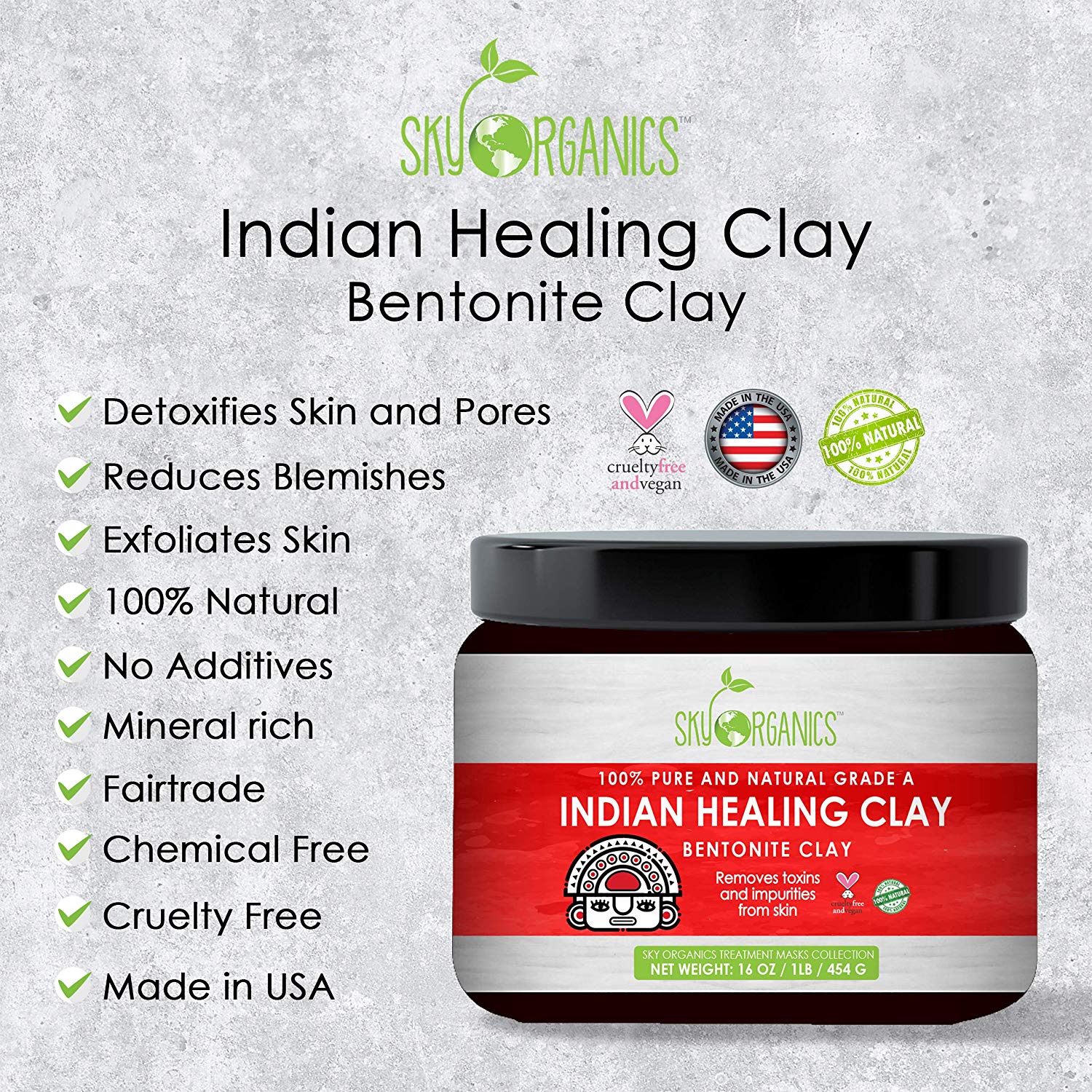 100% Pure & Natural Bentonite Clay Indian Healing Clay Face Skin Care, Deep Skin Pore Cleansing, Detoxifying