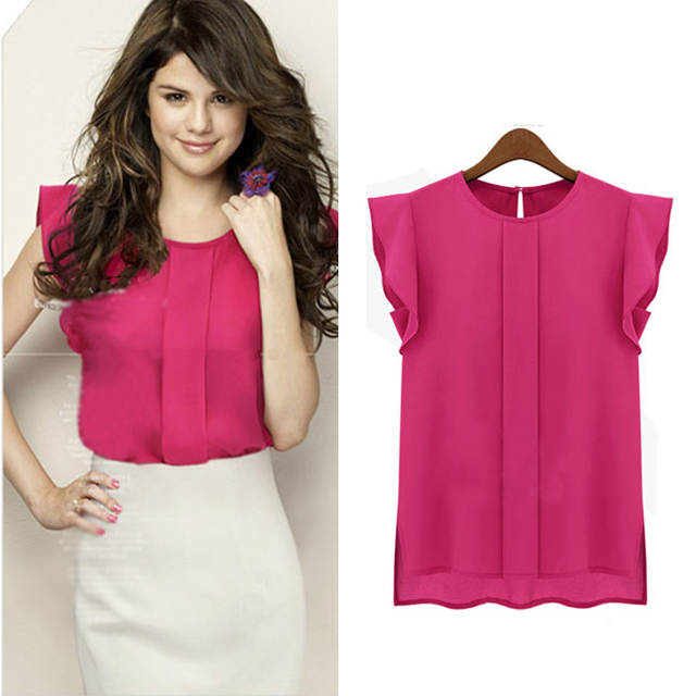 Summer Elegant Blouse Office Lady Solid Short Sleeve Chiffon Shirt Ruffle Top for women