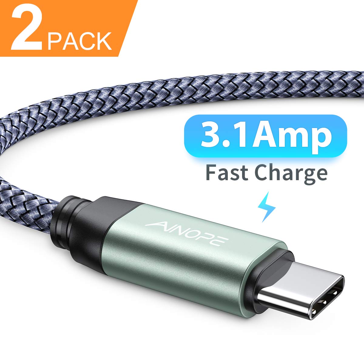 USB C Cable Fast Charging 3A Fast Charge - 2 PK / 6.6FT, AINOPE USB-A to Type-C Charger Cable,Durable Braided Armor C Cord Compatible Samsung Galaxy Note 9 8 S9 S8 S8 Plus S10,LG V30,V20,G6