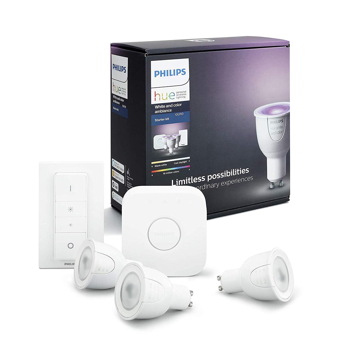 Philips Hue White and Color Ambiance GU10 LED lamp starter set, three lamps, dimmable, controllable via app, compatible with Amazon Alexa (Echo, Echo Dot) [energy class A] [Energy Class A+]