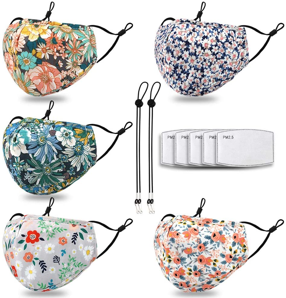Adjustable Lanyards ,Breathable Face Mask for Women Build-in Nose Wire and Filter Pocket - Daisy
