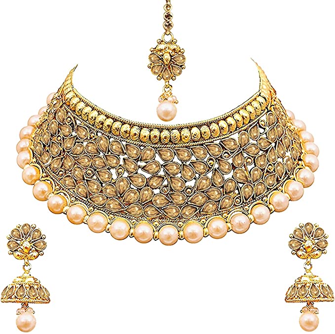 Aheli Wedding Designer Choker Necklace with Jhumki Earrings Maang Tikka Set for Women & Girls