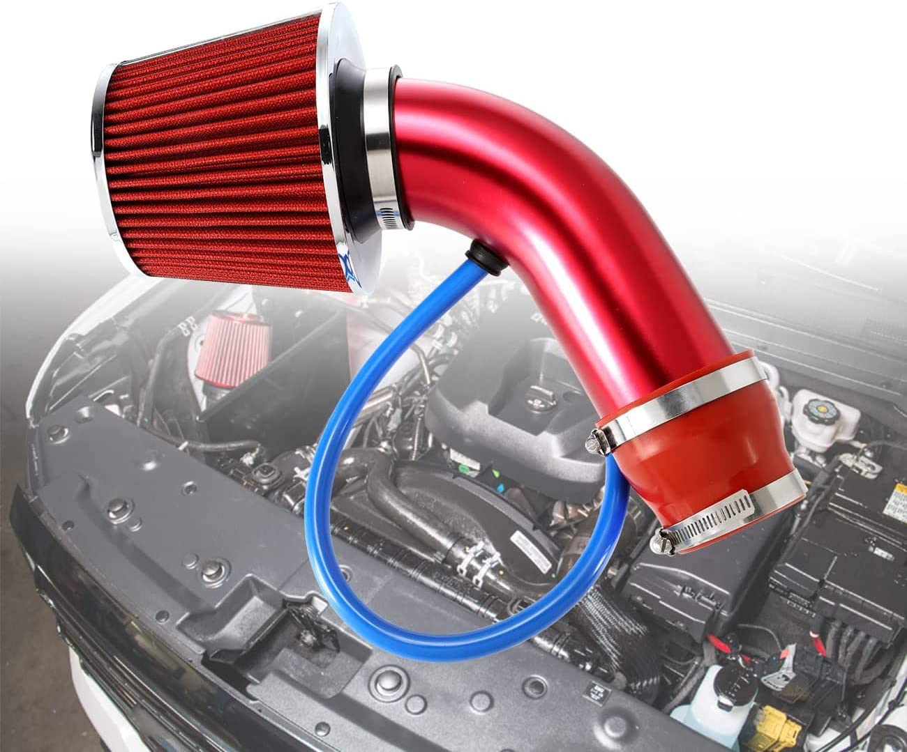 ALAVENTE Universal Car Cool Air Intake Kit 3 Inch Diameter Pipe Aluminium Automotive Filter Induction Low Hose and Clamp Kits - Red