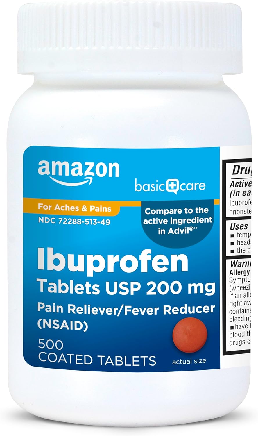 Amazon Basic Care Ibuprofen Tablets 200 mg, Pain Reliever/Fever ulcer (NSAID), Red - 500 Count