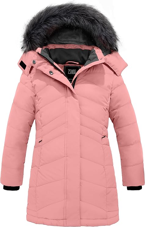Girls' Winter Coat Insulated Long Parka Warm Hooded Puffer Jacket, Coral Pink