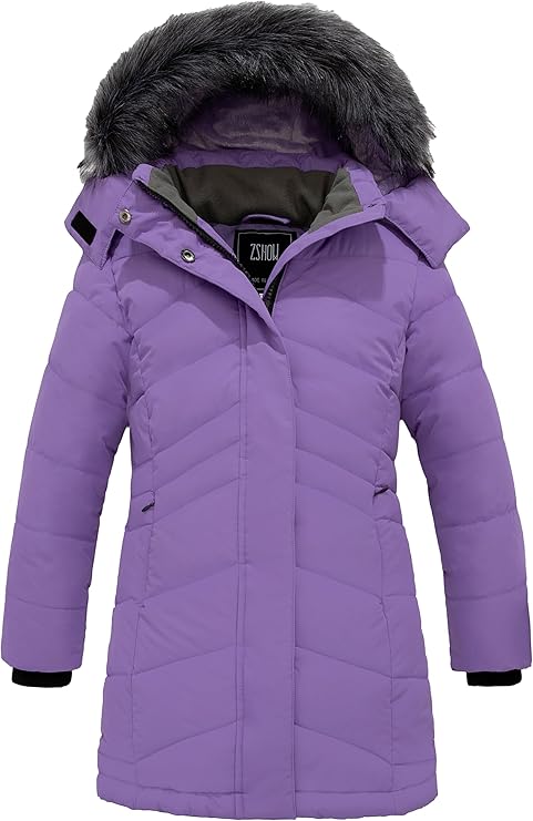 Girls' Winter Coat Insulated Long Parka Warm Hooded Puffer Jacket, Light Purple
