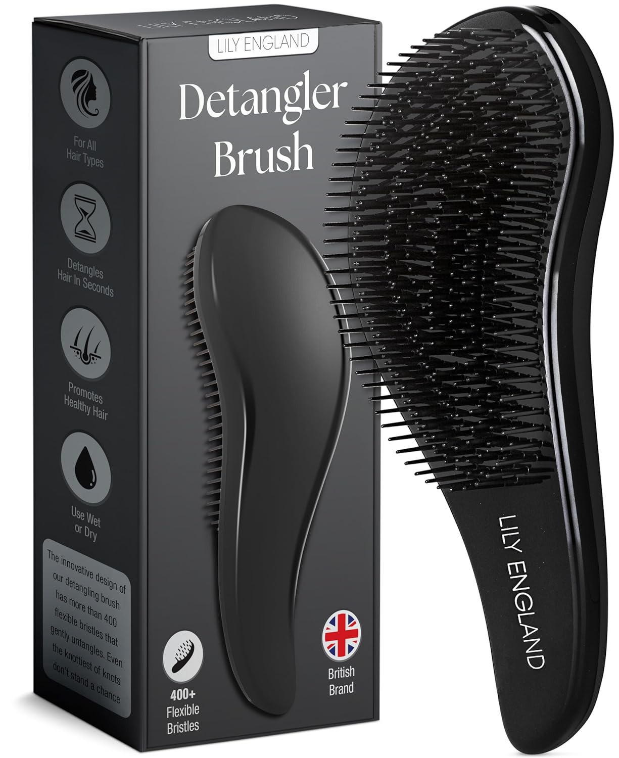 Lily England Gentle Detangling Hair Brush for Women's Curly Hair, Thick, Straight & Natural Hair, with Flexible Bristles - Black