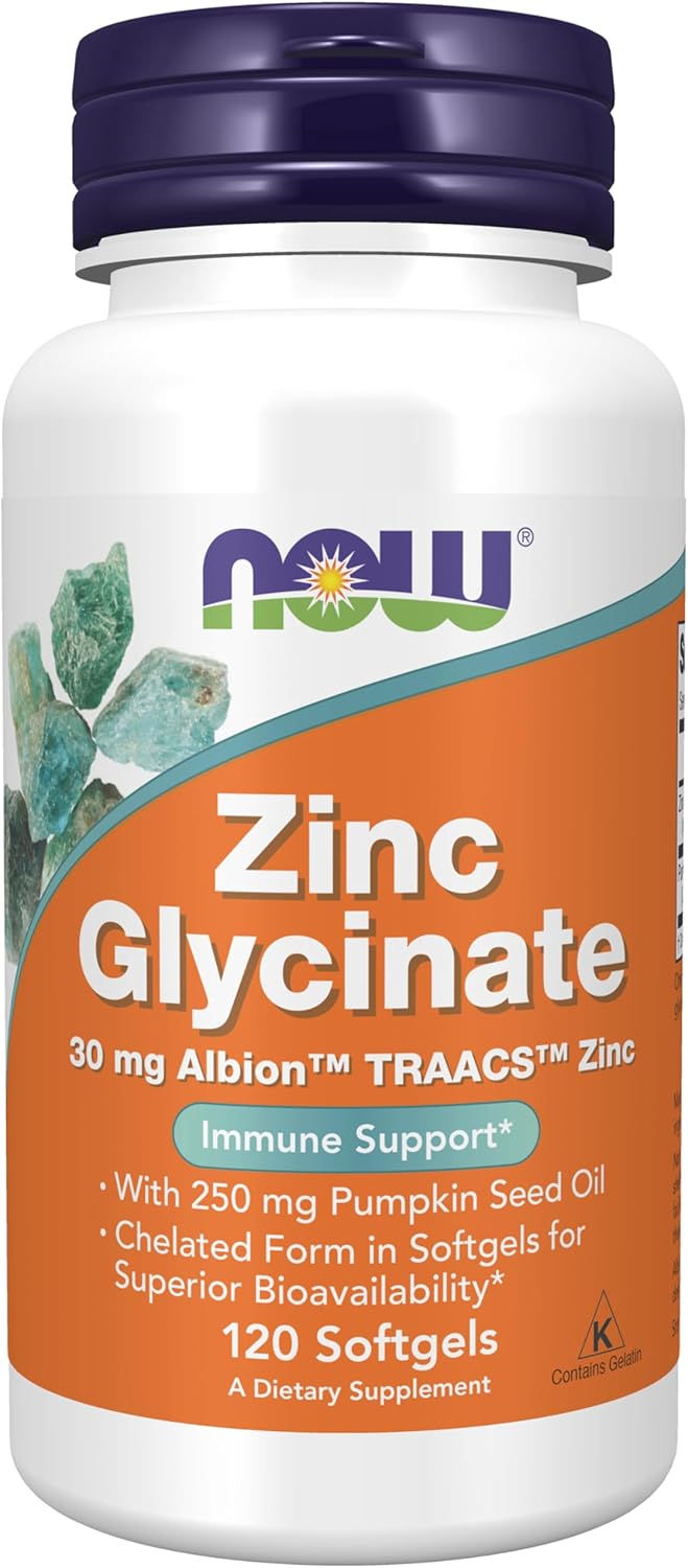 NOW Foods Supplements, Zinc Glycinate with 250 mg Pumpkin Seed Oil, Supports Prostate Health, 120 Softgels