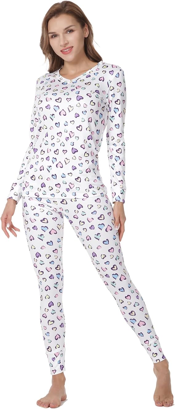 MANCYFIT Womens Thermal Underwear Long Johns Set with Fleece Lined Ultra Soft V Neck, (Colorfull heart white, Small)
