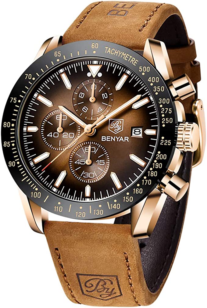 BENYAR - Stylish Wrist Watch for Men, Genuine Silicone Strap Watches, Perfect Quartz Movement, Waterproof and Scratch Resistant, Analog Chronograph Quartz Business Watches - Brown