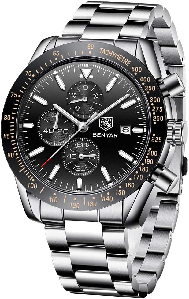 BENYAR - Stylish Wrist Watch for Men, Genuine Silicone Strap Watches, Perfect Quartz Movement, Waterproof and Scratch Resistant, Analog Chronograph Quartz Business Watches - Black