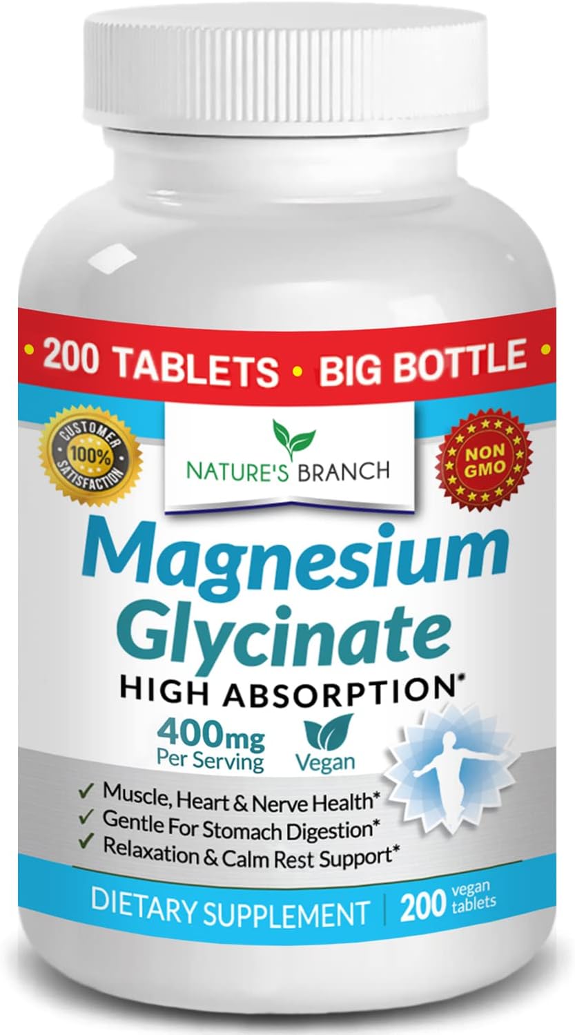 Magnesium Glycinate 400 mg - 200 Tablets Non Buffered Bisglycinate Mag Supplement for Sleep, Leg Cramps, Heart, Ease Muscles, Calm Headaches for Women and Men, 200 Tabs