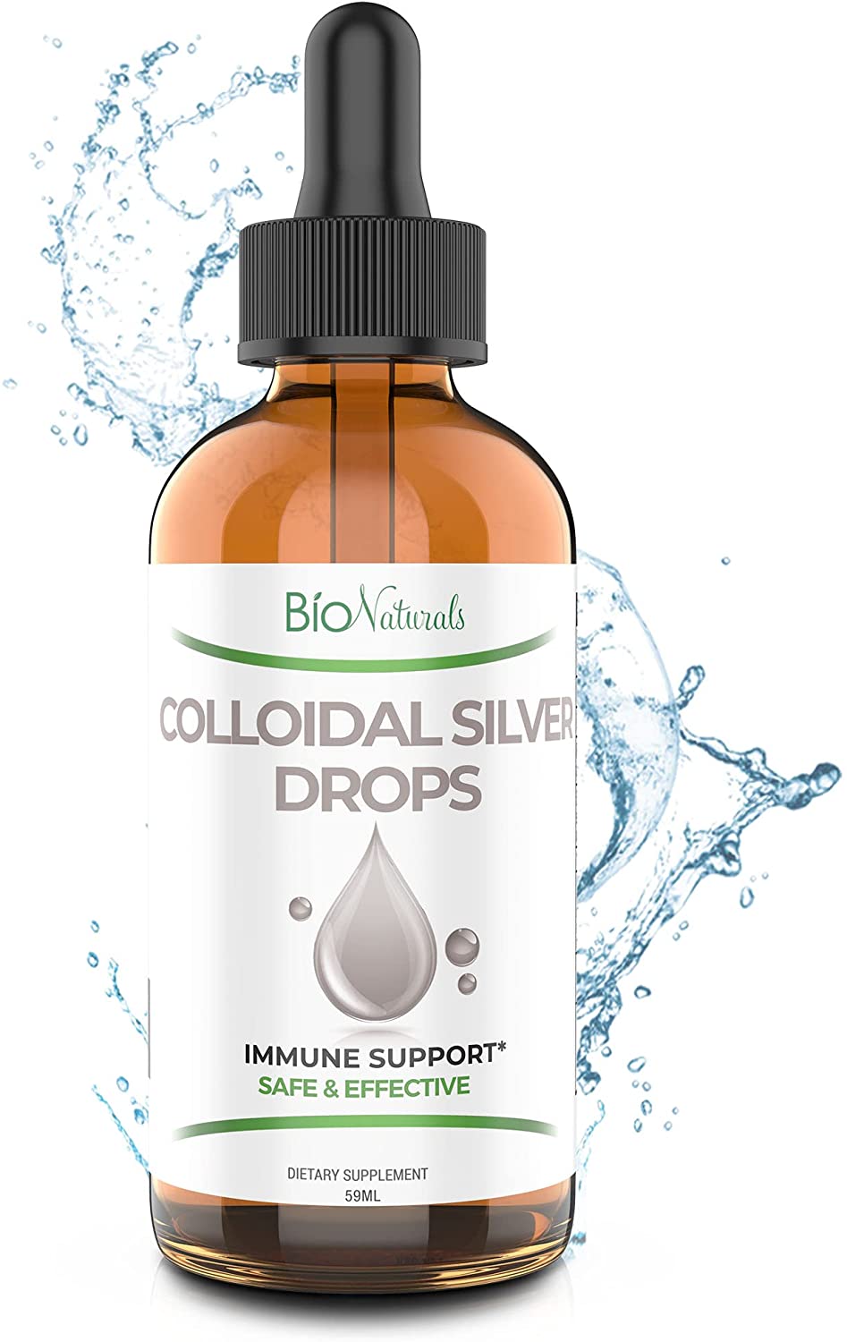 Bio Naturals Colloidal Silver Liquid Drops - for Skin, Ear, Throat - 60 Servings - 2Fl.Oz (59ml)