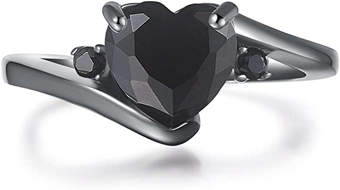 Black Gold Plated Heart Shaped Stone Solitaire Style Wedding Engagement Promise Statement Ring - Black