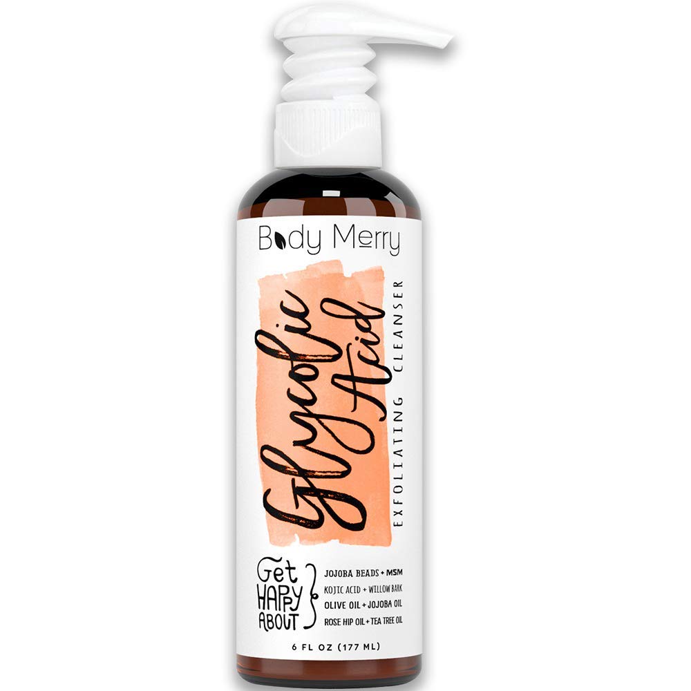 Body Merry Glycolic Acid Exfoliating Facial Cleanser – Anti-Aging Face Wash with Jojoba Beads for Men and Women - 6 Fl.Oz (177ml)