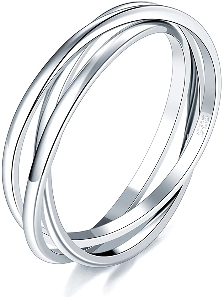 BORUO 925 Sterling Silver Ring Triple Interlocked Rolling High Polish Ring - (Silver, 8)
