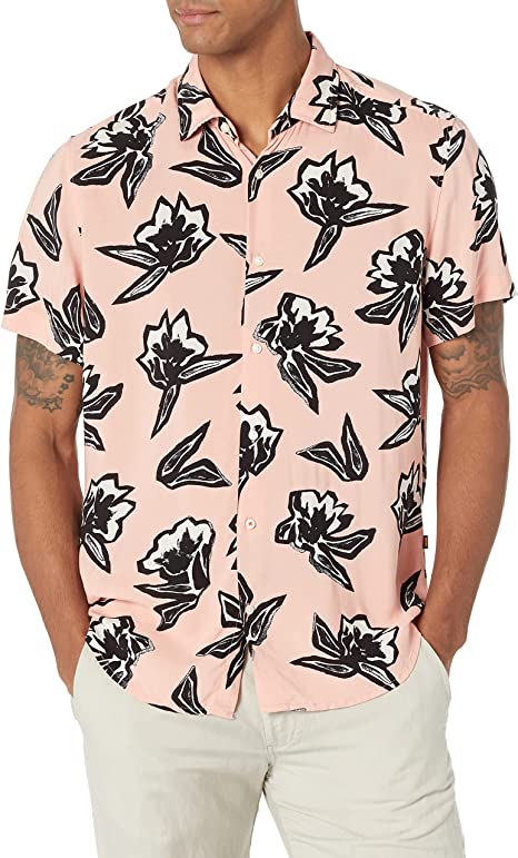 BOSS Men's Modern Print Short Sleeve Cotton Shirt - Peach Floral