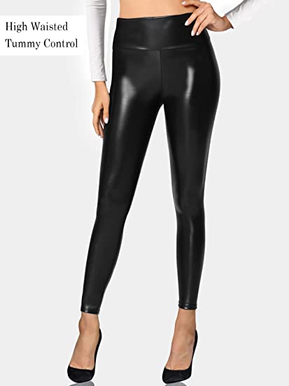 BVTOEWY Black Leather Leggings for Women Tummy Control High Waisted Faux Leather Shiny Pants - Black