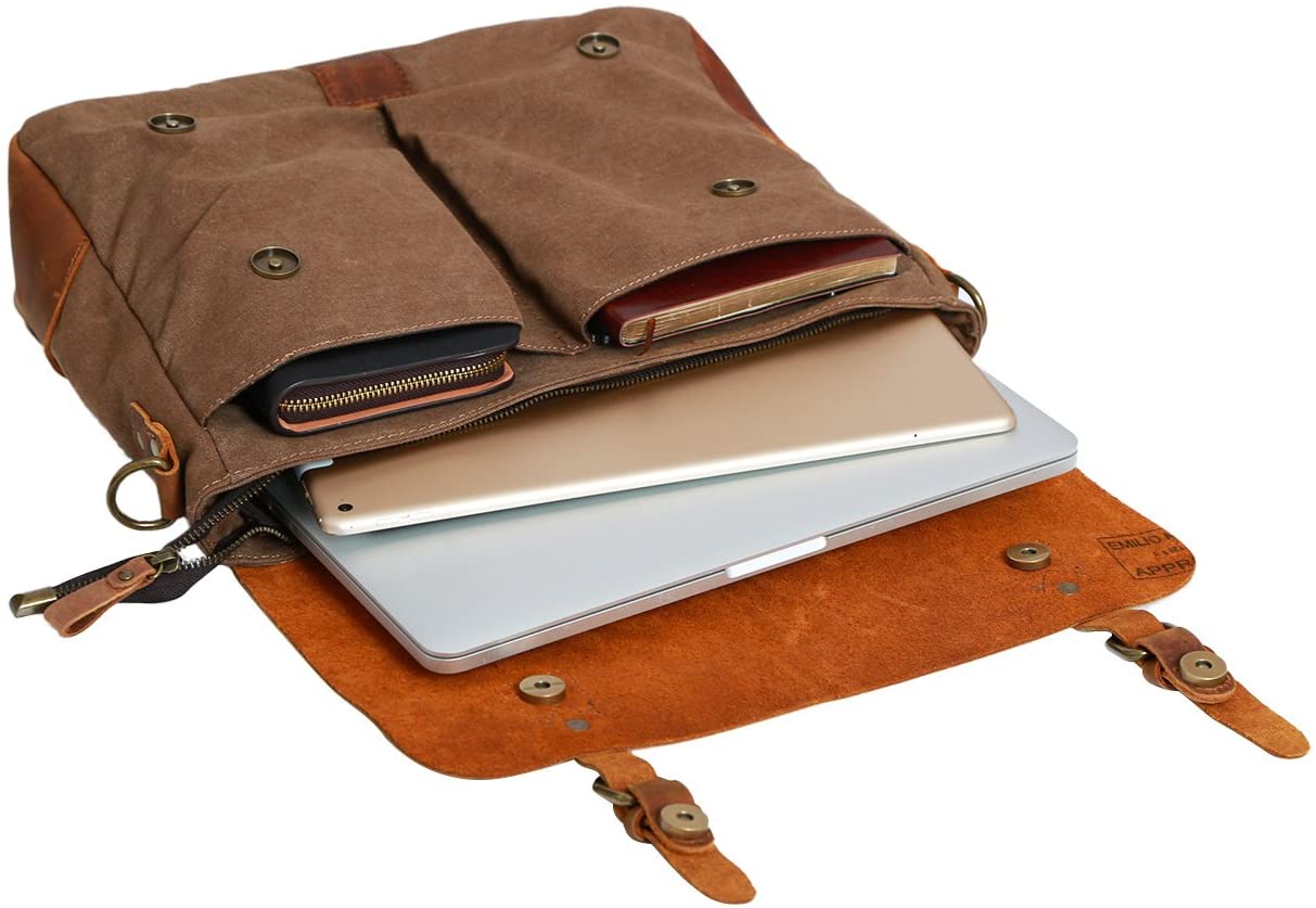 Canvas Leather Messenger Bag for Laptop, Tablet Briefcases Shoulde rCarrying Bag