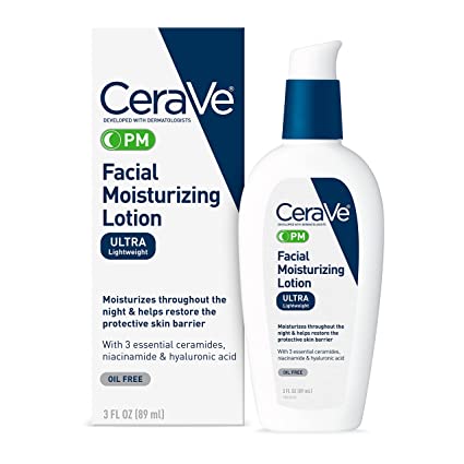 CeraVe PM Facial Moisturizing Lotion | Night Cream with Hyaluronic Acid and Niacinamide | Ultra-Lightweight, 3 Ounce