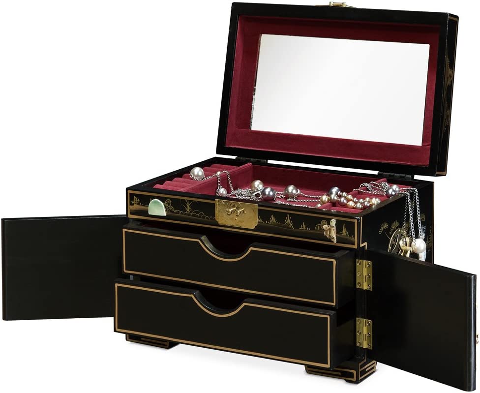 China Furniture Online Jewelry Box with Mother of Pearl Maidens on Black Lacquer