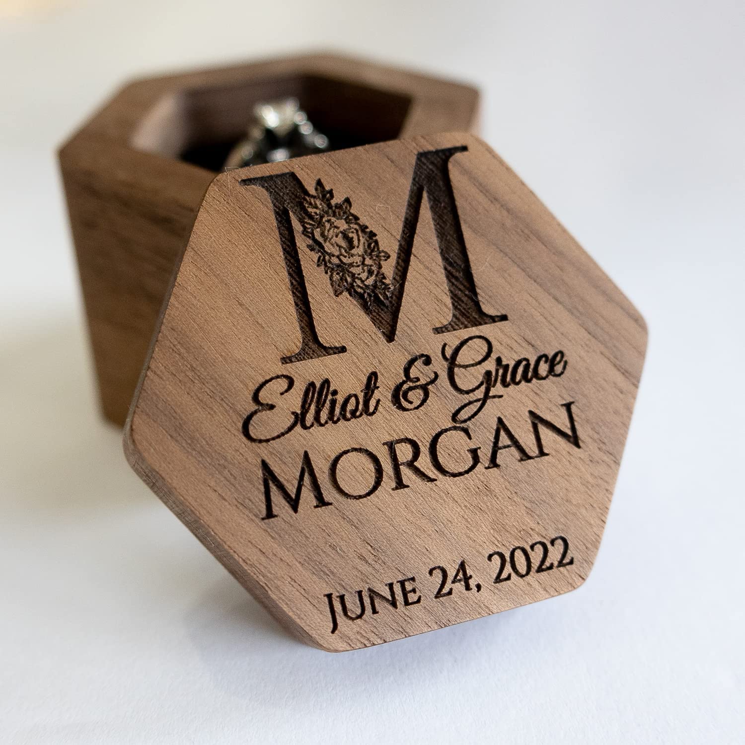 Custom Engraved Walnut Wood Hex Ring Box for Wedding Ceremony, Proposal, Engagement and Purprise