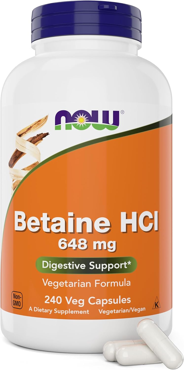 NOW Betaine HCl 648mg with Pepsin – Premium Imported Digestive Enzymes (240 Veg Capsules for Family Digestive Health)