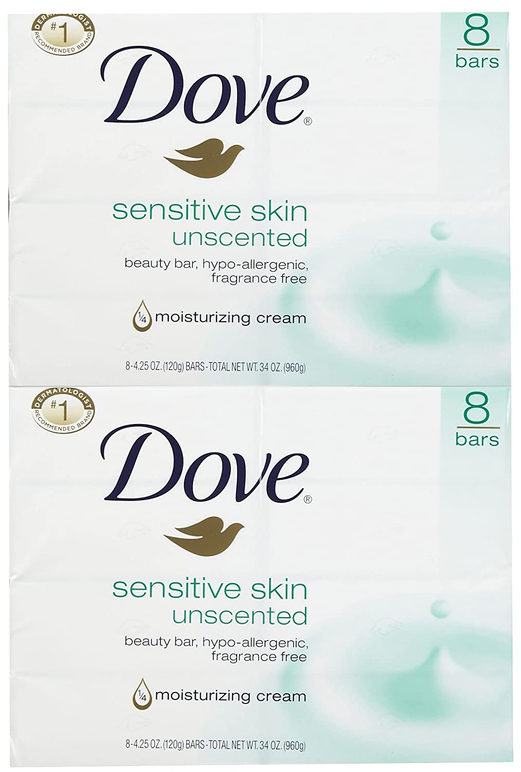 Dove Beauty Bar Sensitive Skin 4 oz, 8 bar (Pack of 2) - (690g)