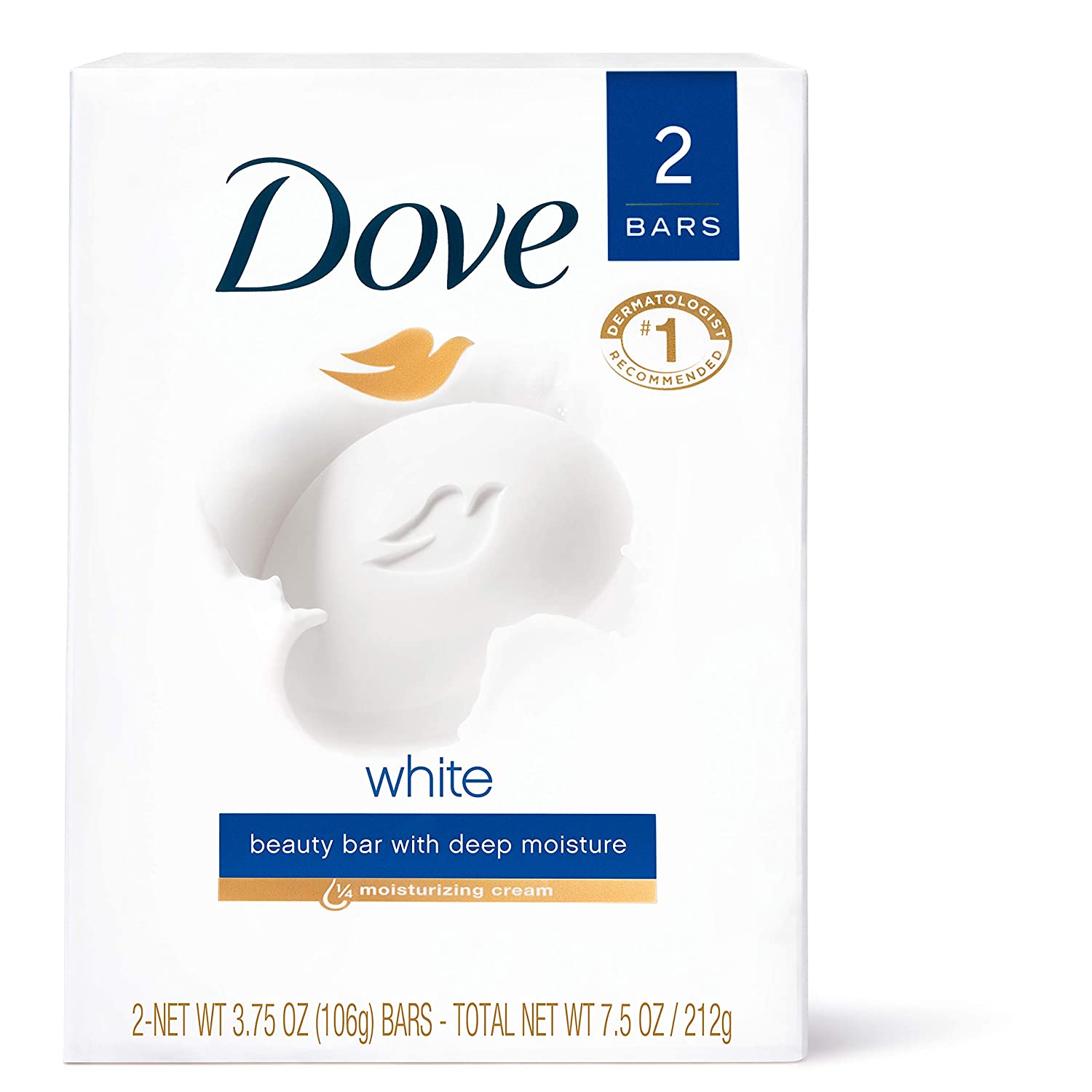 Dove Beauty Bar with 1/4 Moisturizing Cream & Effective Washes Away Bacteria for Skin, 2 Ct- 7.5 Oz (212g)