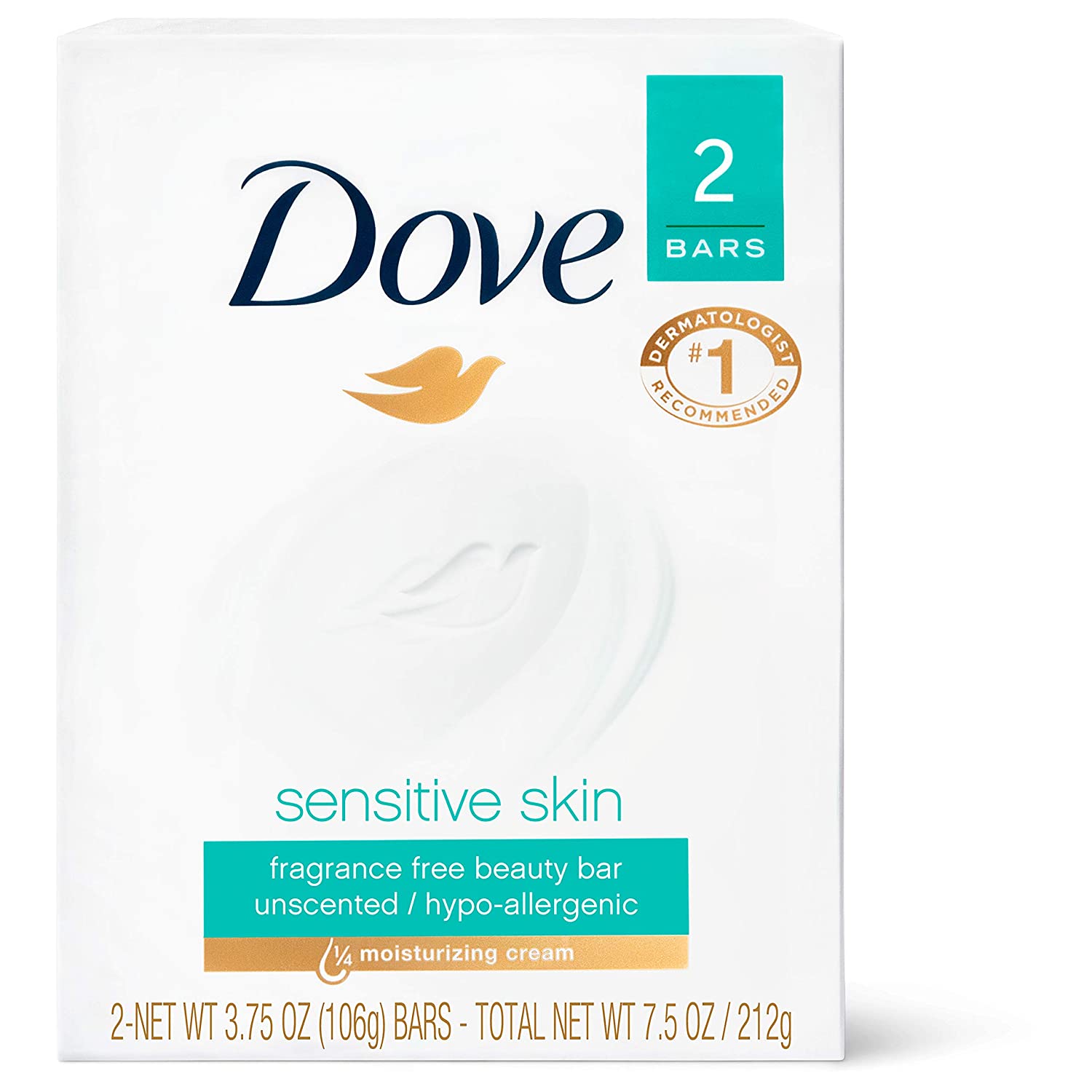 Dove Sensitive Skin Beauty Bar: Gentle Hydration and Bacteria Protection, 2 Bars - 7.5 Oz
