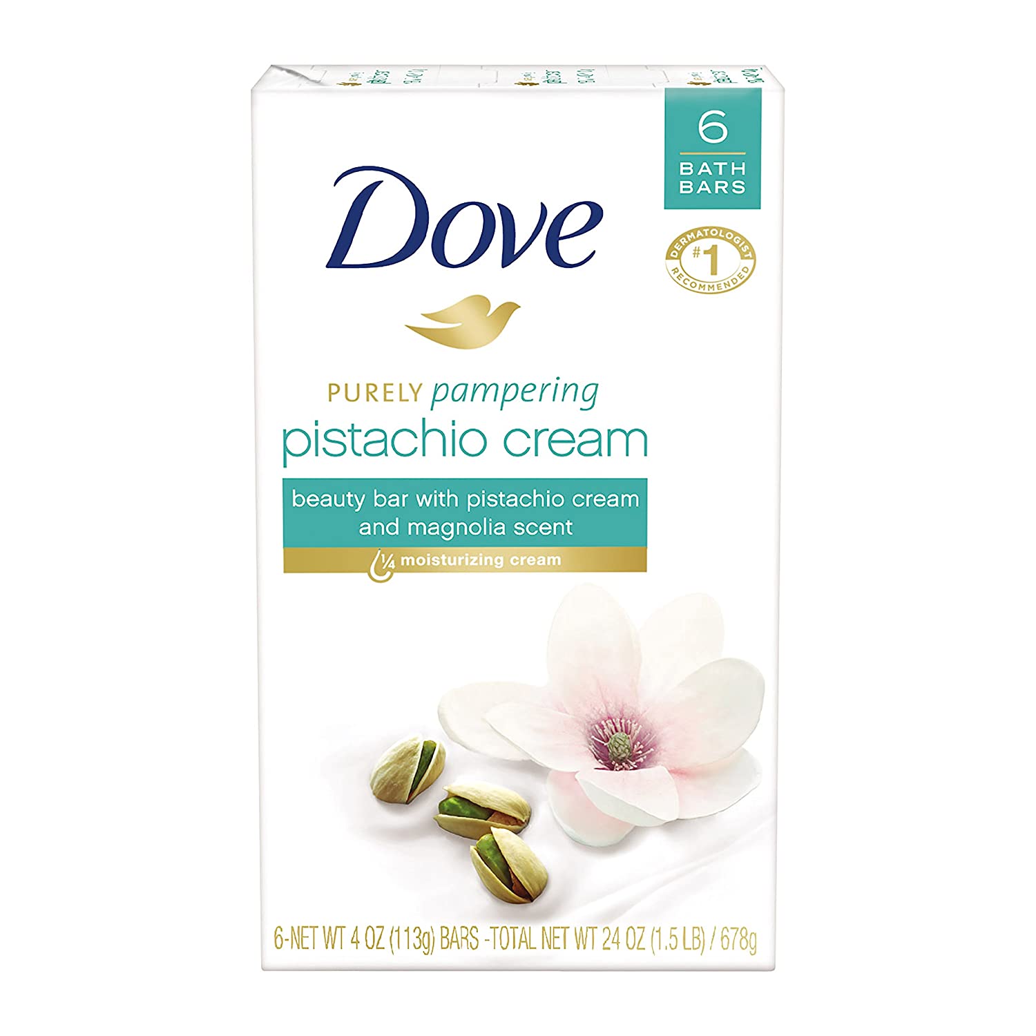 Dove Purely Pampering Beauty Bar, Pistachio Cream with Magnolia 4 oz, 6 Bar 24Oz (680g)