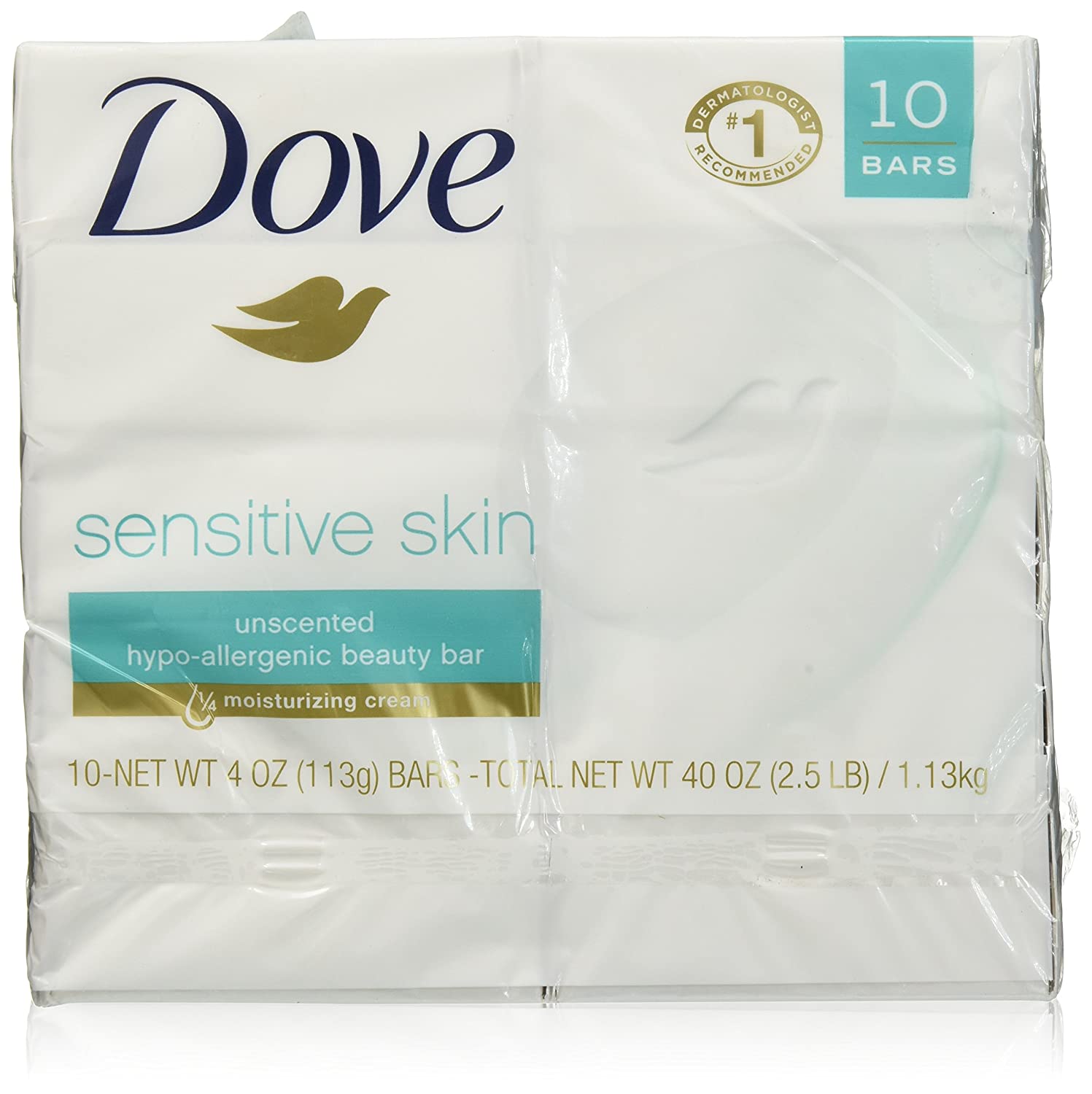 Dove Sensitive Skin Unscented Beauty Bar 4 Oz, 10 Bars