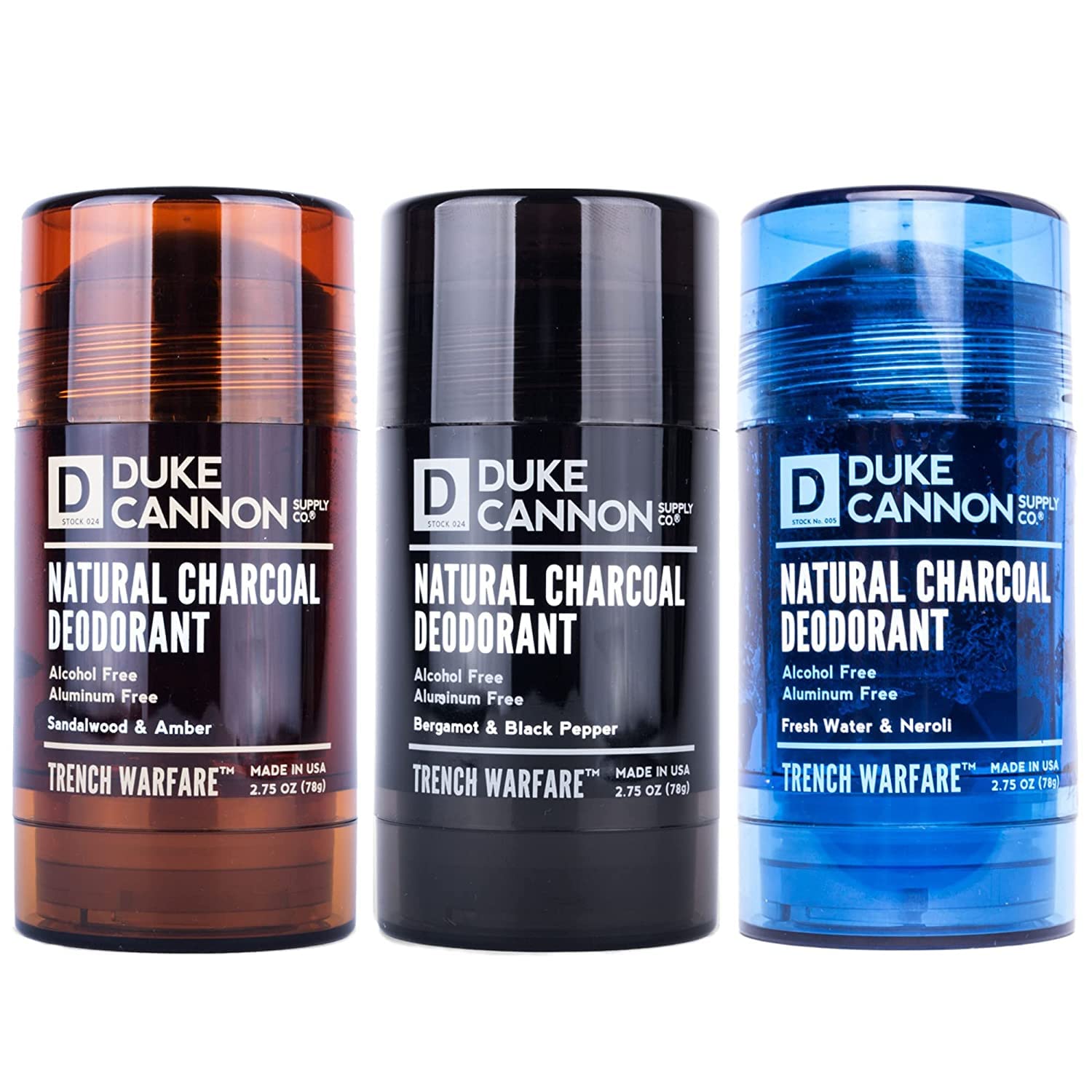 Duke Cannon Natural Charcoal Variety Pack: Bergamot & Black Pepper, Fresh Water & Neroli, Sandalwood & Amber - 2.75 Oz (78g) each