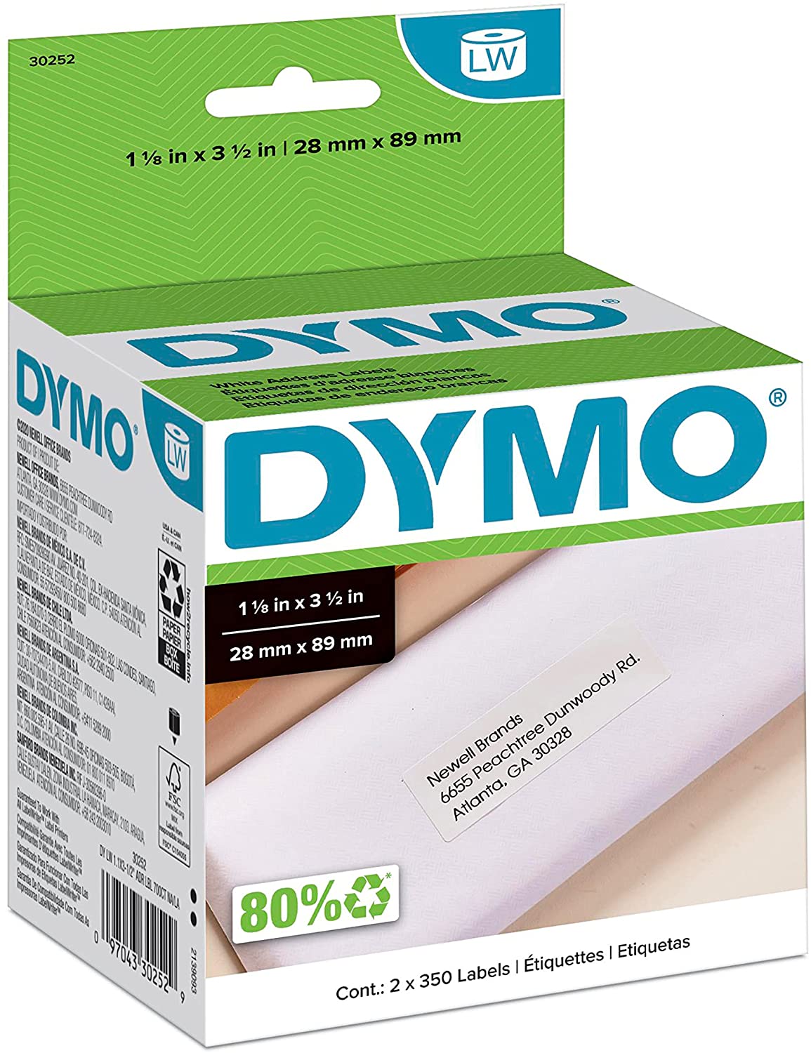 DYMO (30252) LW Mailing Address Labels for LabelWriter Label Printers, White, 1-1/8'' x 3-1/2'' - 2 Rolls of 350 Labels/Roll