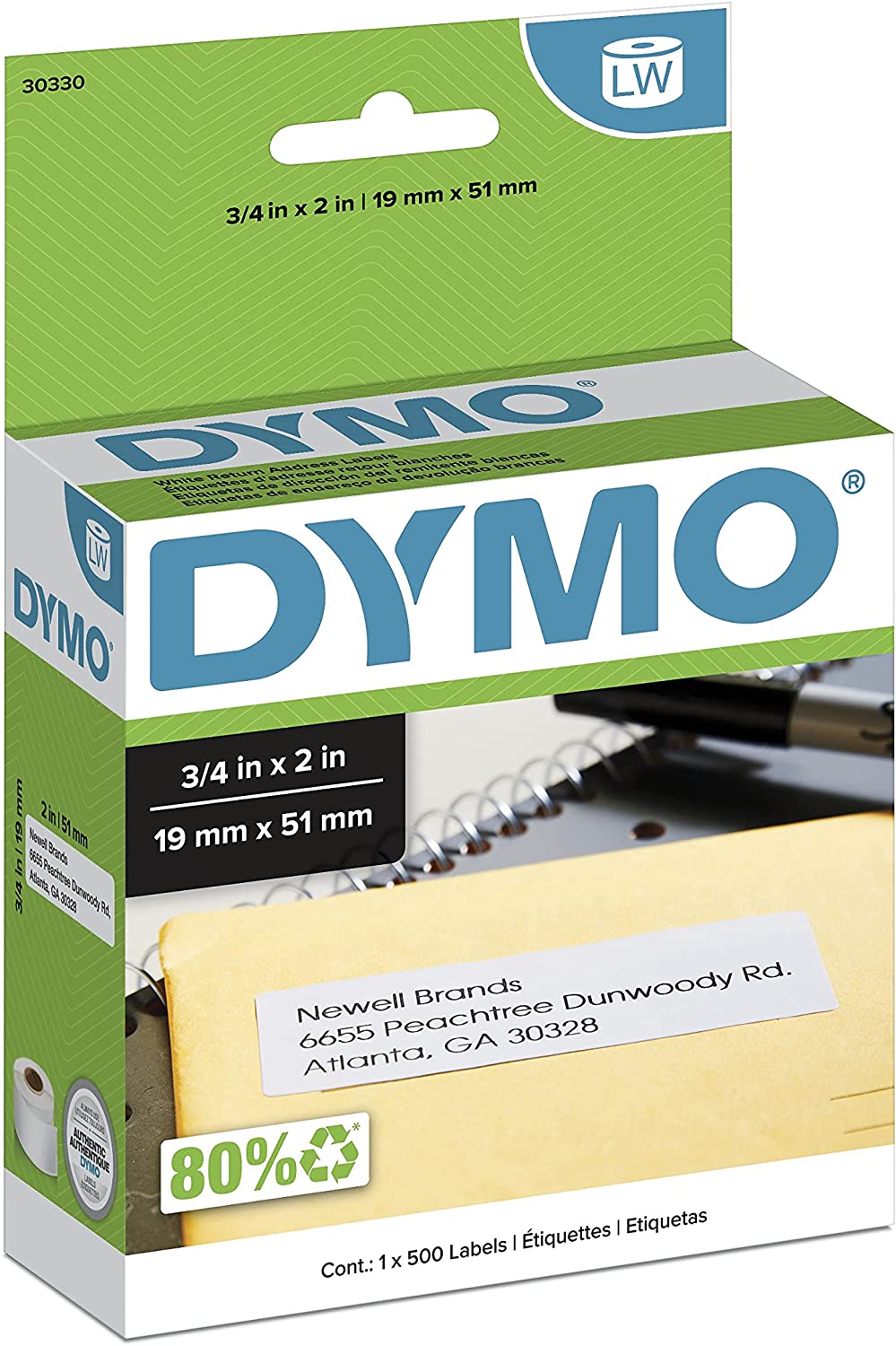 DYMO (30330) LW Return Address Labels for LabelWriter Label Printers, White, 3/4   x 2  , 1 Roll of 500 Labels