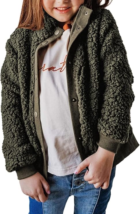 Girls Faux Fur Buttoned Sherpa Fleece Jackets Lightweight Winter Coats Warm Outwear