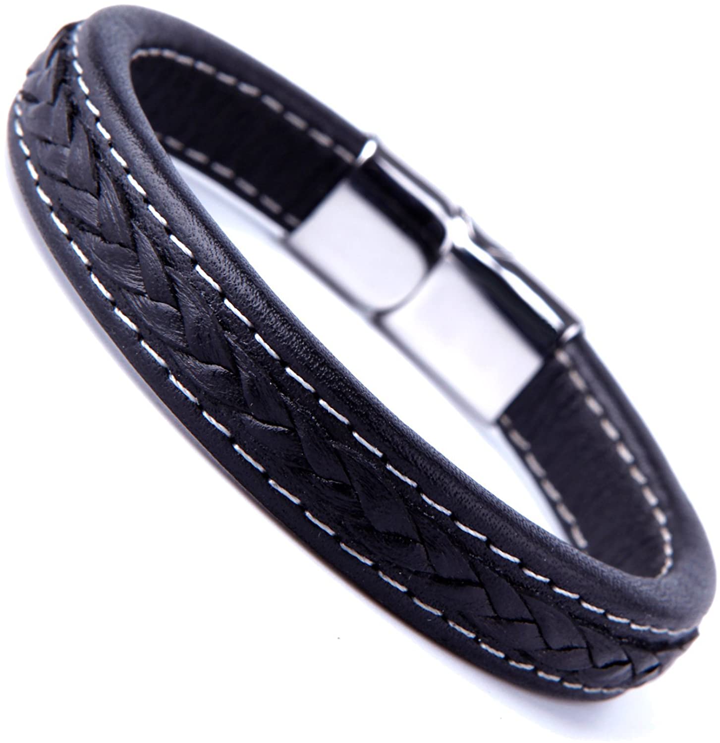 Elegant Black Cuff Genuine Leather Bracelet for Men with Elegant 316L Stainless Steel Clasp