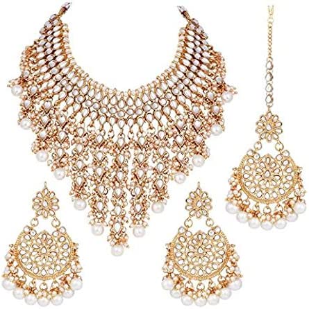 Elegant Indian Wedding Wear Faux Kundan Studded Choker Necklace with Maang Tikka Set Ethnic Fashion Jewelry for Women - White Kundan & Pearl Drop