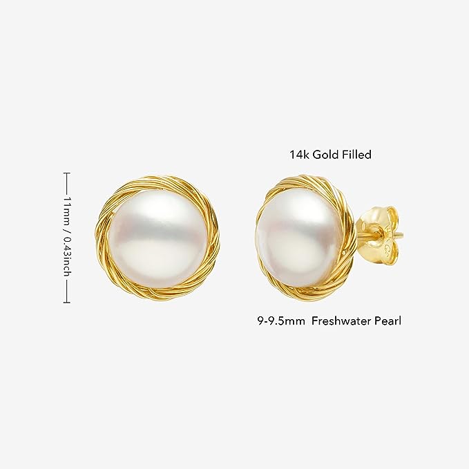 Pearl Stud Earrings Jewelry 14K Gold Filled 9-9.5mm White Real Freshwater Cultured Pearl Earrings for Women