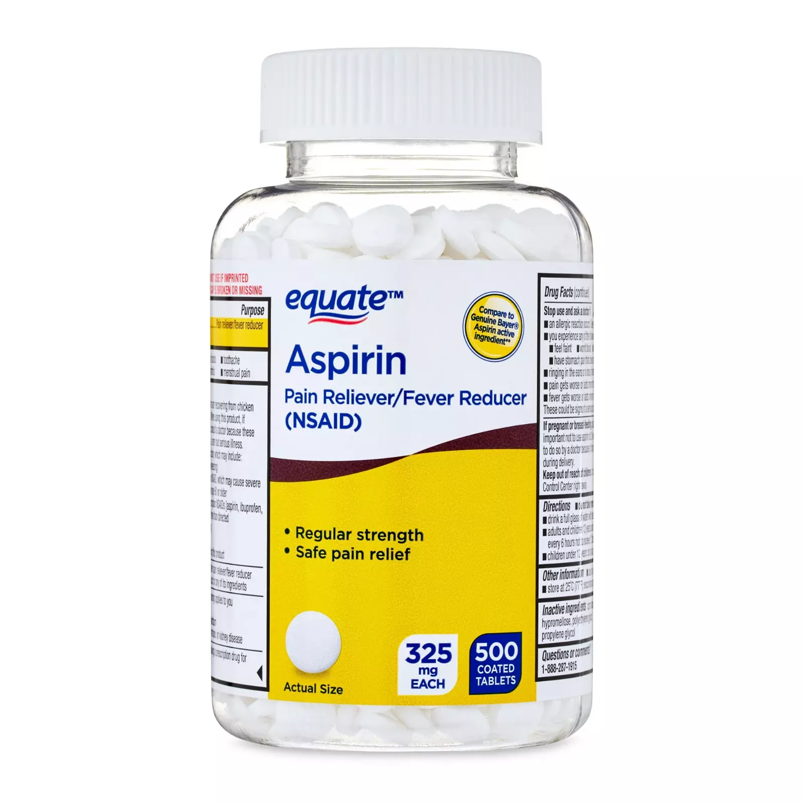 Equate - Aspirin 325 mg, Original Strength, 500 Coated Tablets, Pain Reliever (Compare to Bayer)