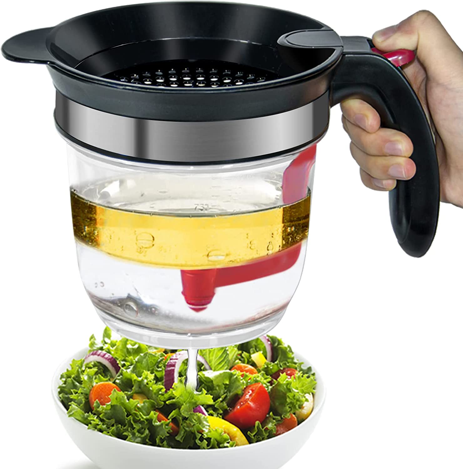 Fat Separator With Bottom Release, 4 Cup Capacity Separator for Cooking with Oil Strainer, Kitchen Gadgets with a 3-in-1 Multifunctional Peeler-Red