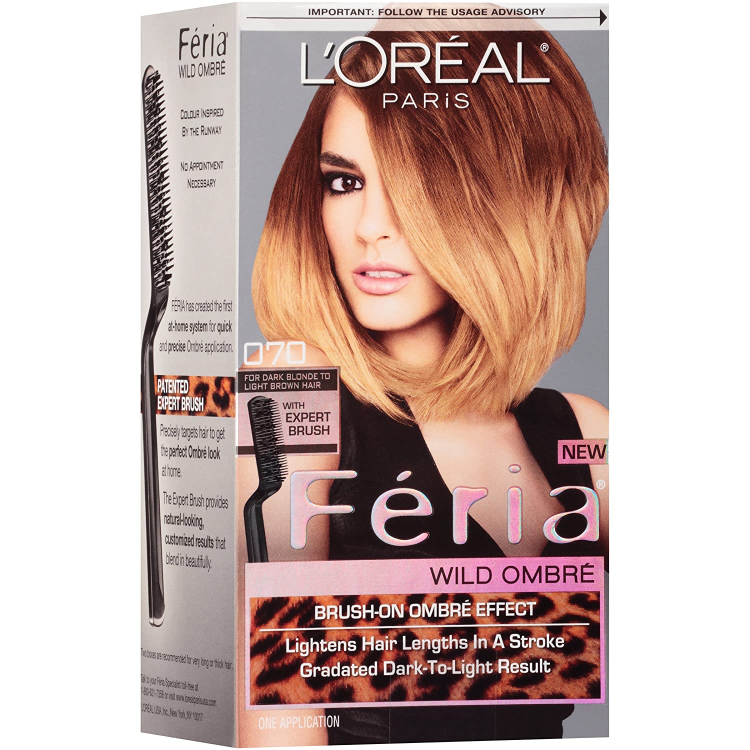 Feria Brush-on Ombre Effect Hair Color, O70 Wild Ombre for Dark Blonde to Light Brown Hair - 1 Application Kit