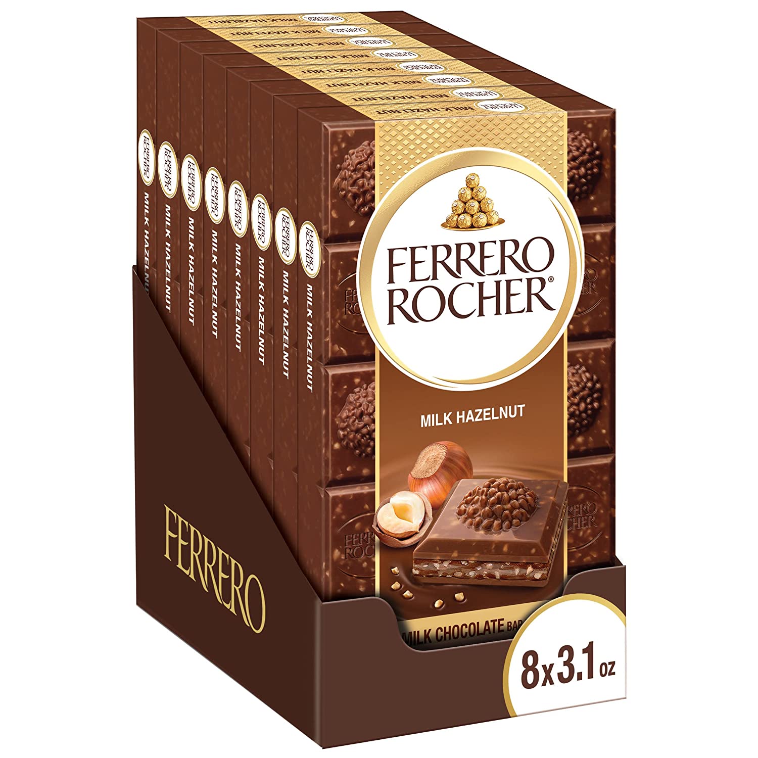 Ferrero Rocher Premium Chocolate Bars, Milk Chocolate Hazelnut Individually Wrapped, 3.1 oz each, 8 Pack