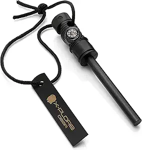 X-Plore Gear Firestarter - 3-In-1 Survival Multifunction Tool - Magnesium Fire Starter Rod, Magnetic Compass & Emergency Whistle - Ideal For Outdoor Camping & Disaster Supply Kits