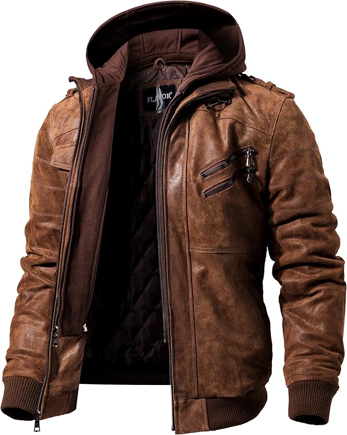 FLAVOR Men's Brown Leather Motorcycle Jacket with Removable Hood - Premium Biker Jacket for Men