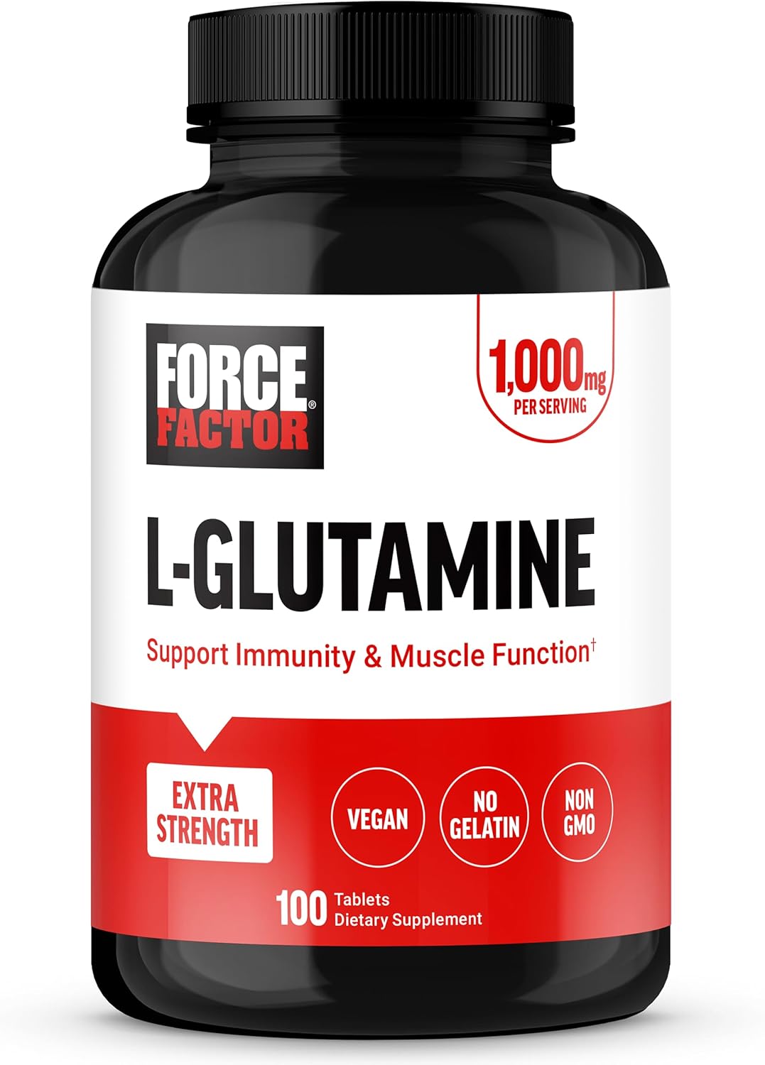 FORCE FACTOR L-Glutamine 1000mg Tablets, 100 Count - for Muscle Recovery, Immune & Gut Health, Vegan & Non-GMO