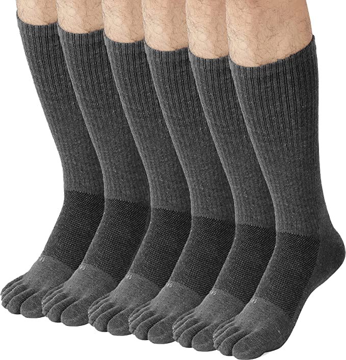 FUN TOES Men Crew Toe Socks Athletic Running, Breathable Mesh Top, 6 Pairs - Grey