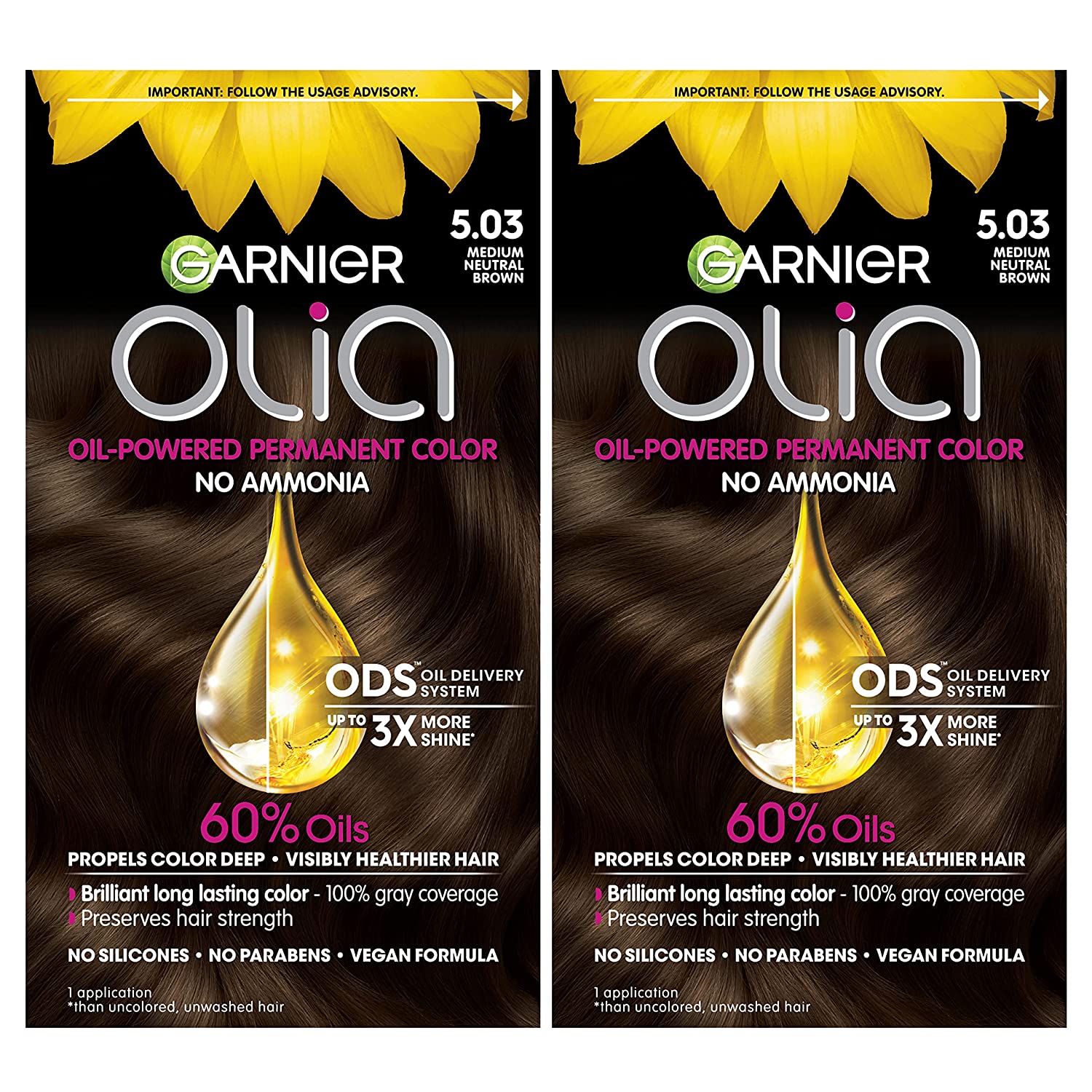 Garnier Olia Ammonia-Free Brilliant Color Oil-Rich Permanent Hair Color (Pack of 2) - 5.03 Medium Neutral Brown Hair Dye